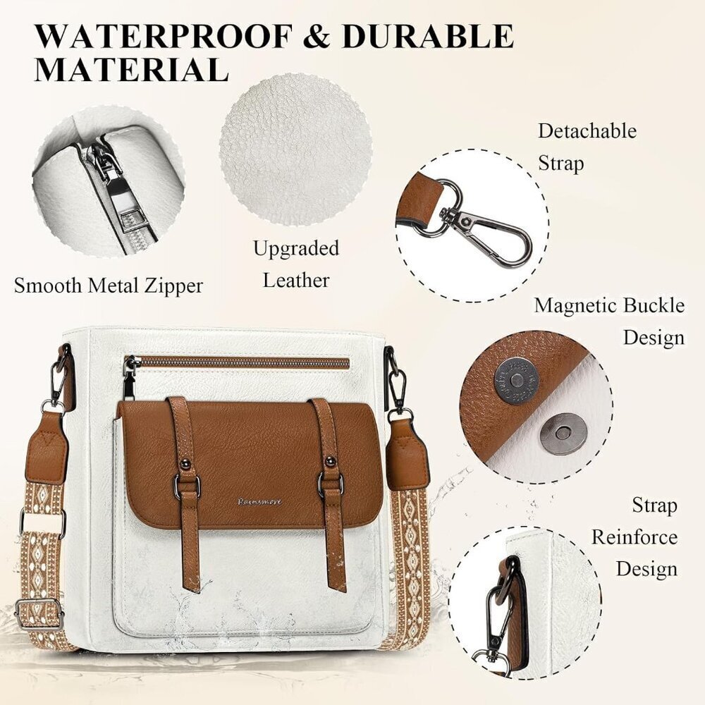 Women’s White and Brown Leather Waterproof Travel Crossbody and Shoulder Bags - Picture 4 of 6